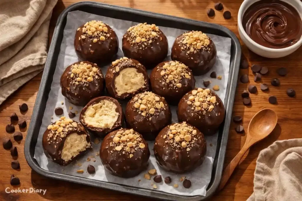 Top-down view of no-bake peanut butter cheesecake balls coated in chocolate on a baking sheet.