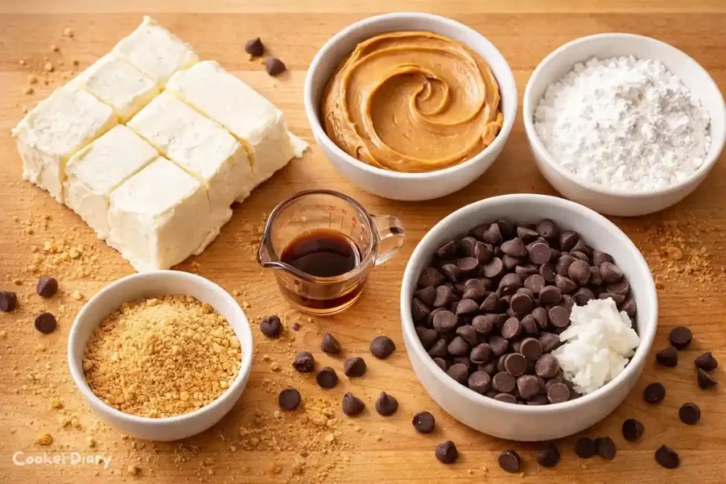 Flat-lay of raw ingredients for no-bake peanut butter cheesecake balls on wooden surface.