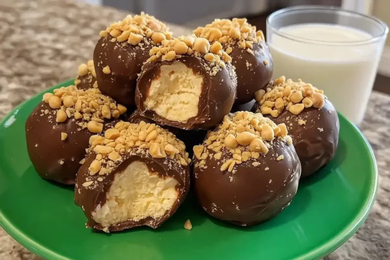 No bake peanut butter cheesecake balls on a plate served with a glass of milk