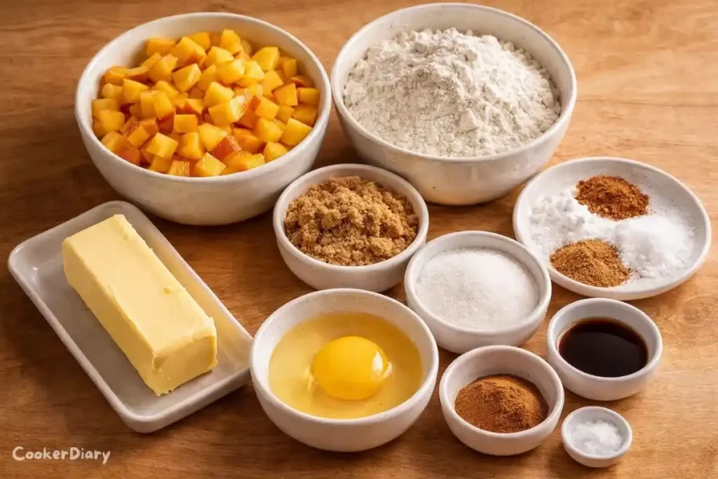 Flat-lay of peach cobbler cookie ingredients on wooden surface