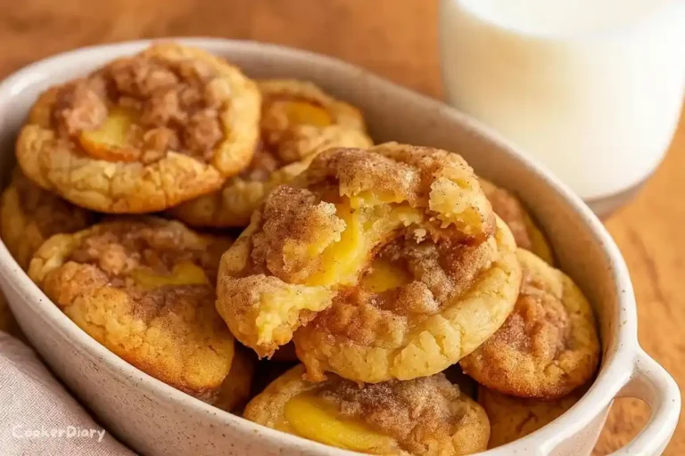 Peach cobbler cookies with golden crust and peach filling, dusted with powdered sugar