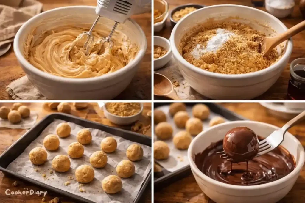Step-by-step composite showing how to make the cheesecake recipe from mixing to chocolate coating.