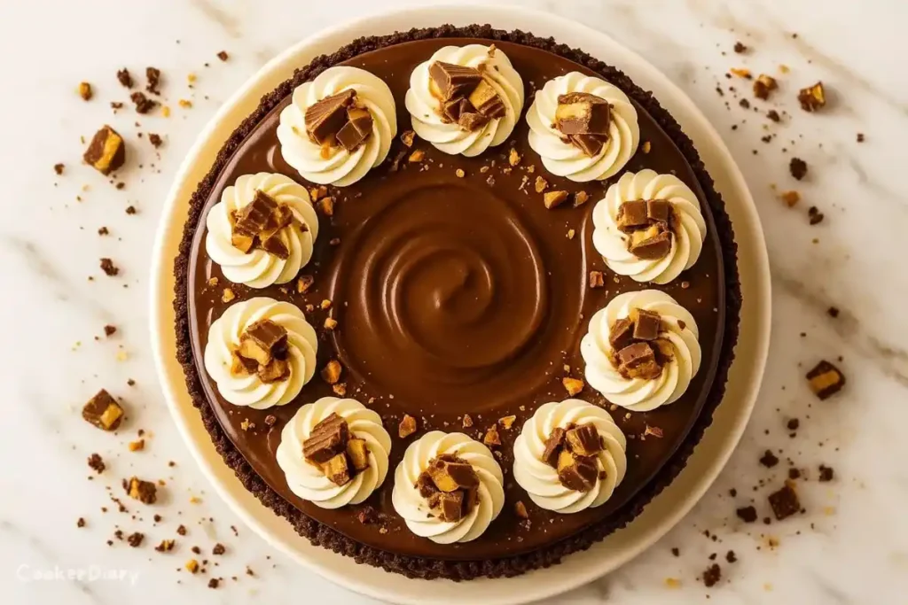 A whole Reese’s peanut butter cheesecake with Oreo crust topped with chocolate ganache, whipped cream, and chopped peanut butter cups.