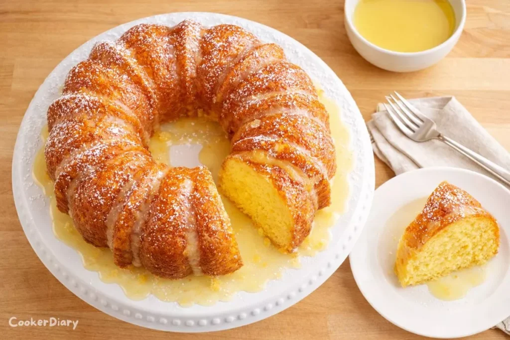 Top-down pineapple juice bundt cake with pineapple glaze