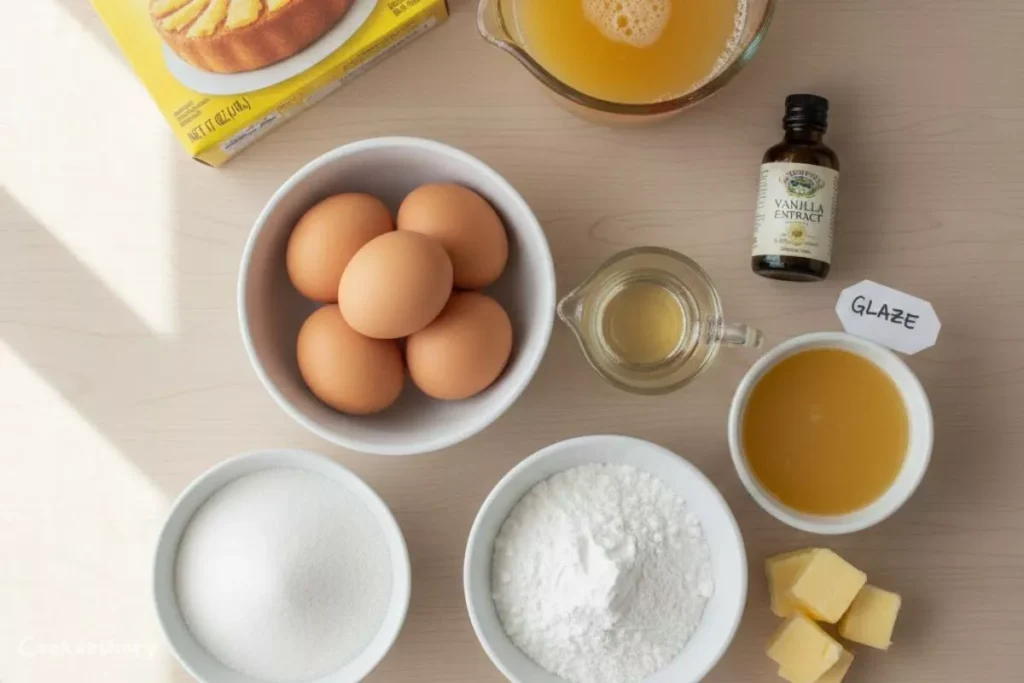 Flat lay of pineapple juice cake ingredients