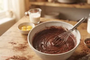 Mixing chocolate cake batter ingredients in a bowl