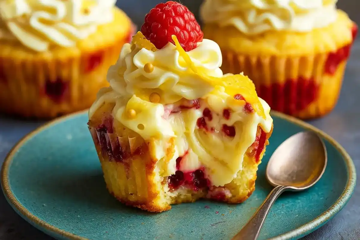 Raspberry lemon cupcakes topped with lemon frosting and fresh raspberries