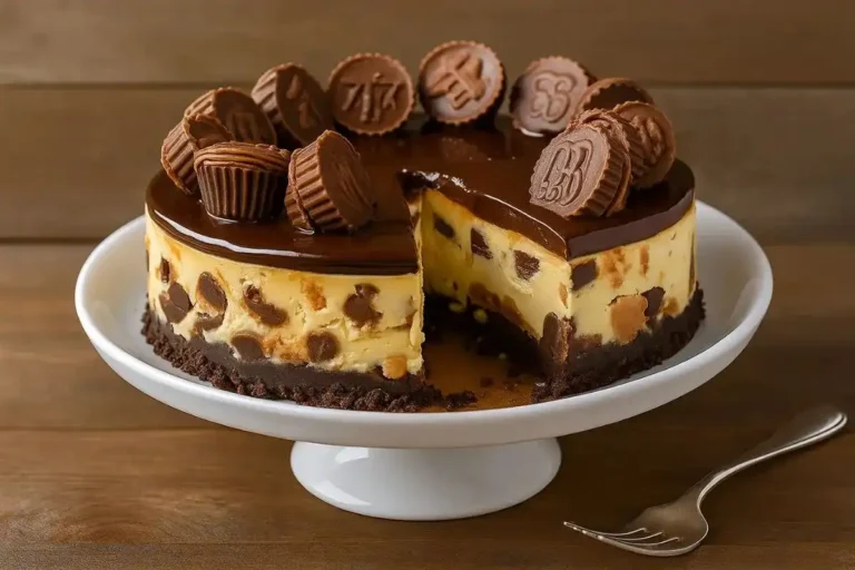 Slice of Reese's peanut butter cheesecake with Oreo crust topped with peanut butter cups