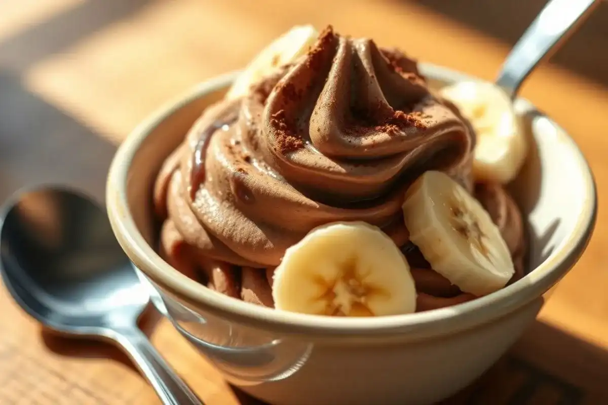 Side-angle close-up of a scoop of chocolate banana ice cream in a white bowl with banana slices and cocoa powder.