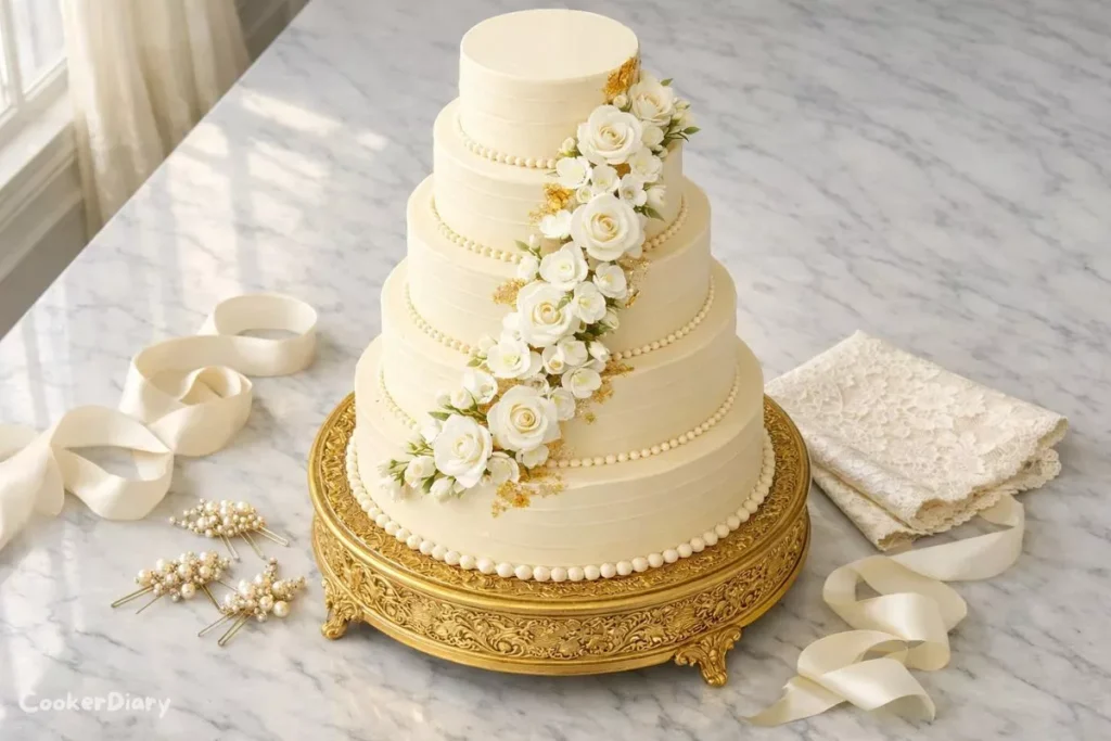 Top-down view of an elegant six-tier white wedding cake with floral buttercream décor.