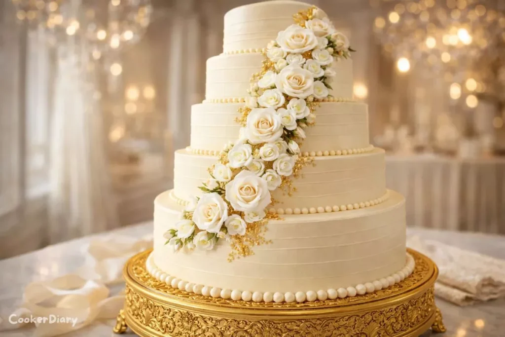 Side view of tall six-tier wedding cake with floral buttercream décor.