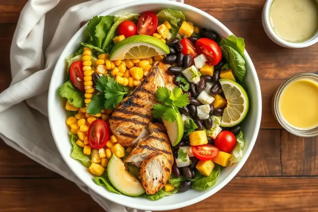 Top-down view of Southwest Chicken Salad with grilled chicken, avocado, corn, black beans, and zesty lime dressing in a white bowl.