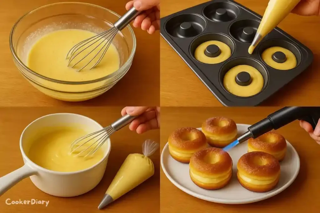 Four-step grid showing mixing, baking, filling, and torching crème brûlée donuts.