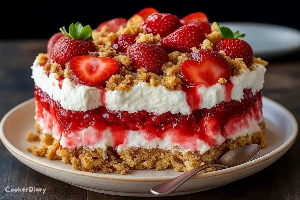 strawberry crunch poke cake topped with whipped cream and fresh strawberries