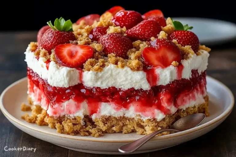 strawberry crunch poke cake topped with whipped cream and fresh strawberries