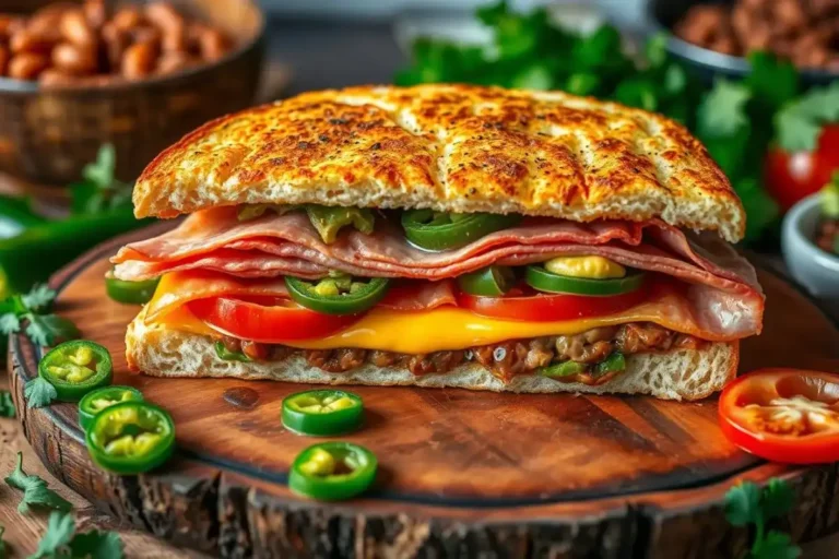 Torta de Jamón sandwich with ham, cheese, lettuce, and tomato on a crusty roll