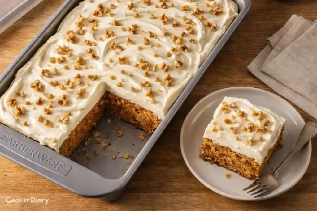 Top-down view of Amish carrot cake with cream cheese frosting in gray Farberware baking pan