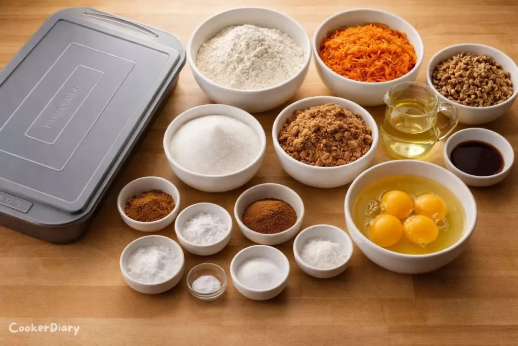 Flat-lay of Amish carrot cake ingredients on wooden counter