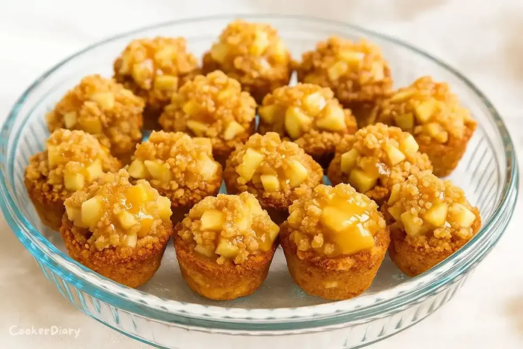 Apple Crisp Bites arranged on a white serving dish with a sprinkle of cinnamon and fresh apple slices
