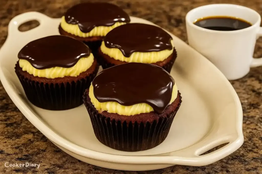 Boston Cream Pie cupcakes with chocolate glaze and custard filling served with a cup of coffee