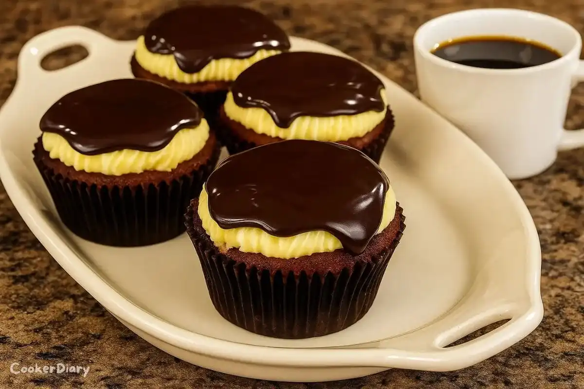 Boston Cream Pie cupcakes with chocolate glaze and custard filling served with a cup of coffee