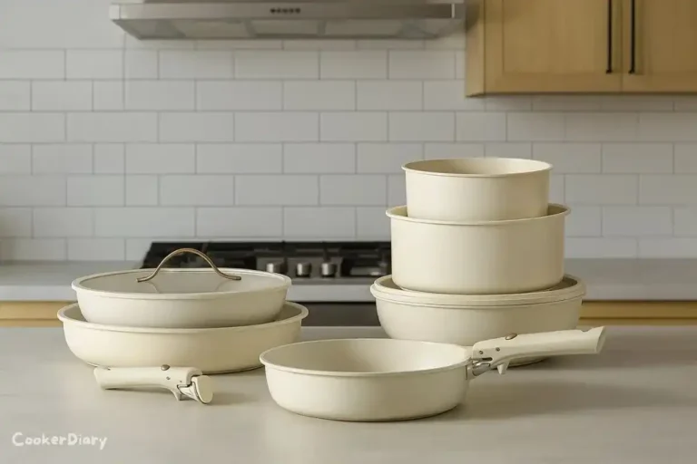 CAROTE 7‑Piece nonstick cookware set including pots, pans, glass lids and wooden utensils on a stovetop