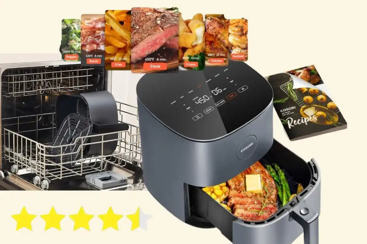 COSORI Air Fryer Pro 9-in-1 on a kitchen counter with a basket of crispy fries and digital display lit