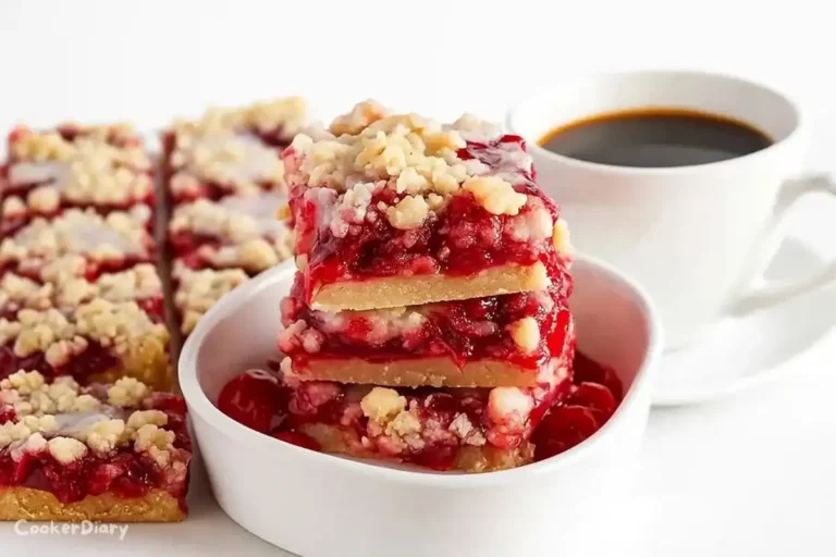Cherry bars with a golden crust and cherry filling served alongside a steaming cup of coffee