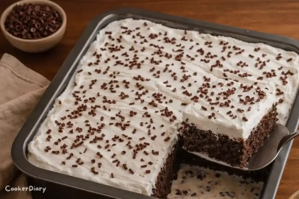 Top-down view of chocolate tres leches cake topped with whipped cream and chocolate shavings.