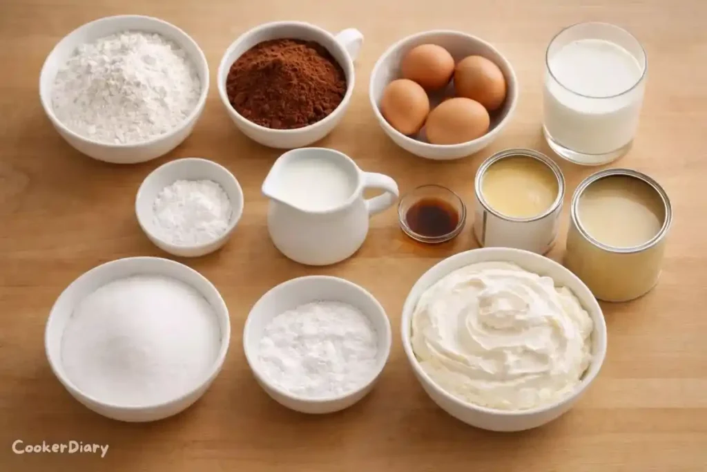 Flat-lay of cake ingredients on a wooden counter.