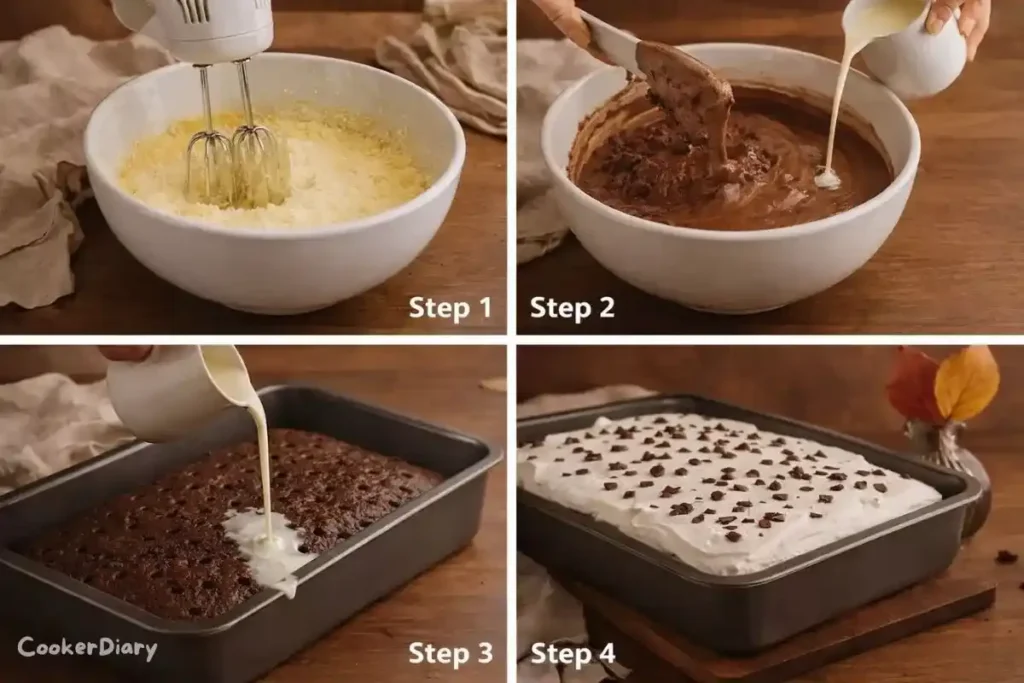 Four-step composite showing how to make the tres leches from batter to topping.
