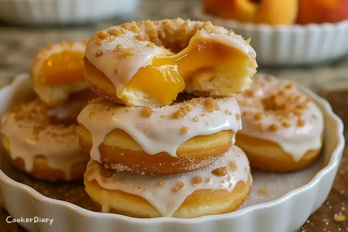 Classic Peach Cobbler Cheesecake Donuts topped with peach glaze and cinnamon sugar on a cooling rack