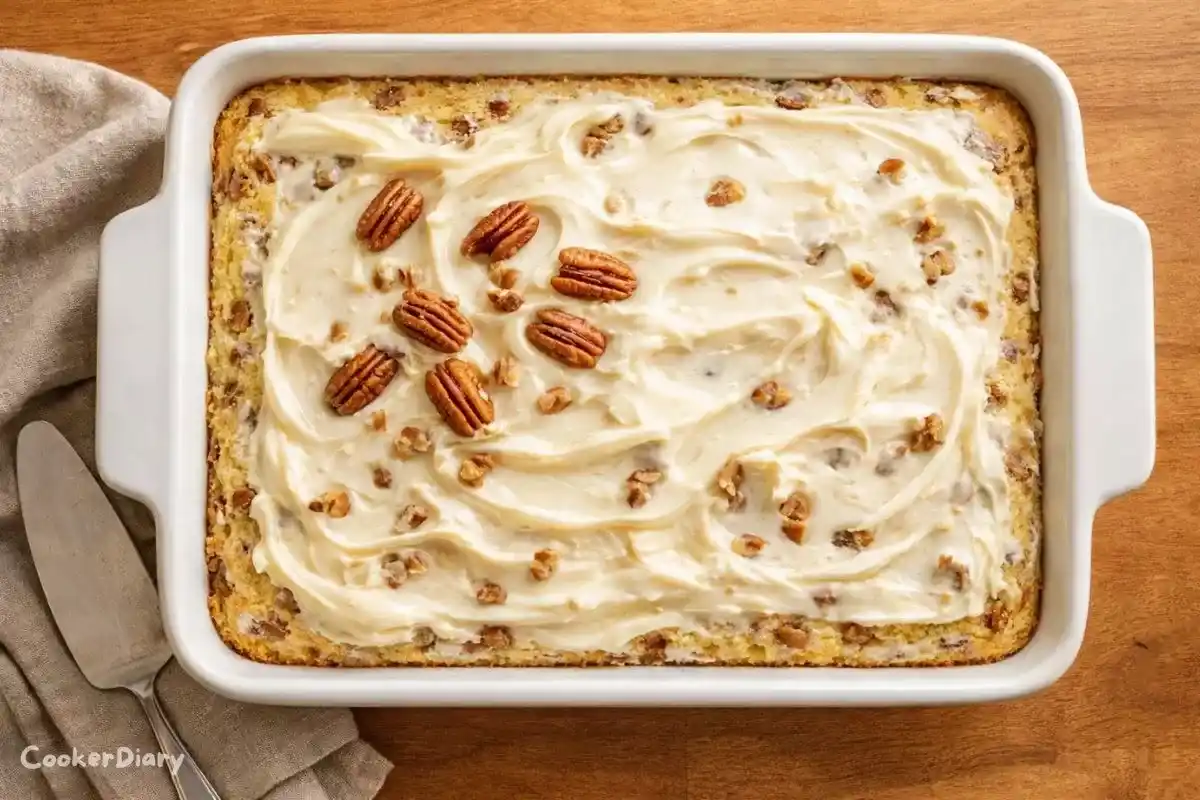 Top-down view of creamy pineapple pecan cake in white ceramic casserole dish.