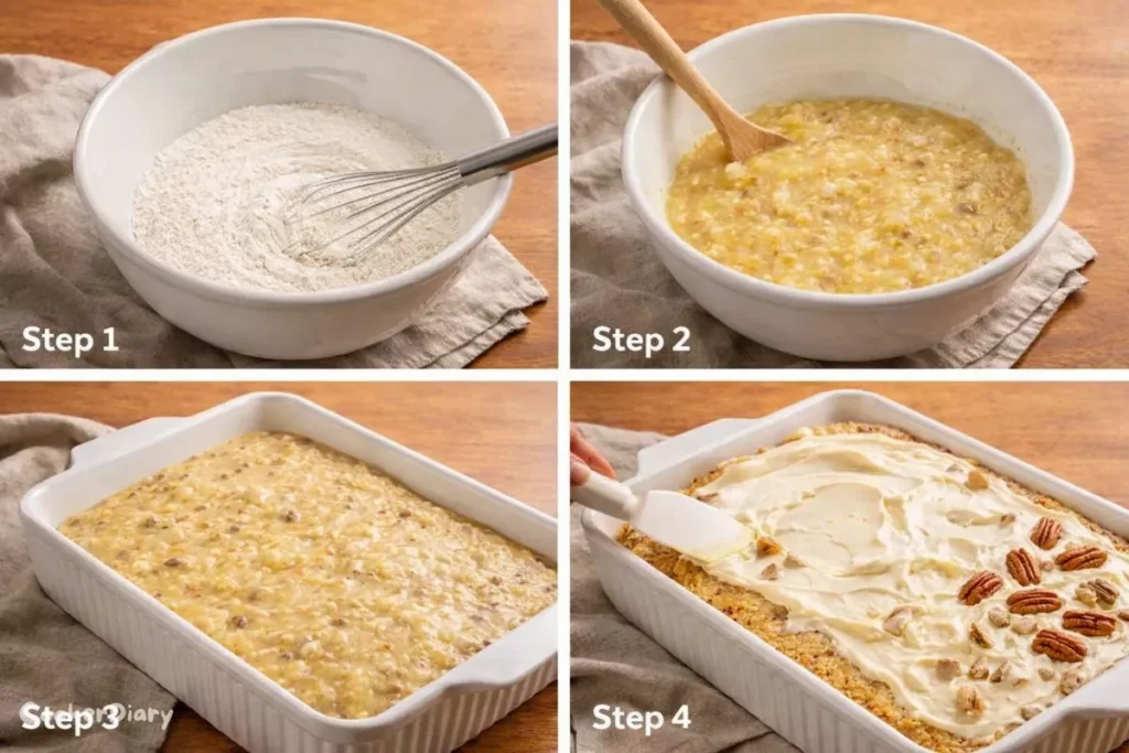 Four-step composite showing how to make the cake from batter to frosting.