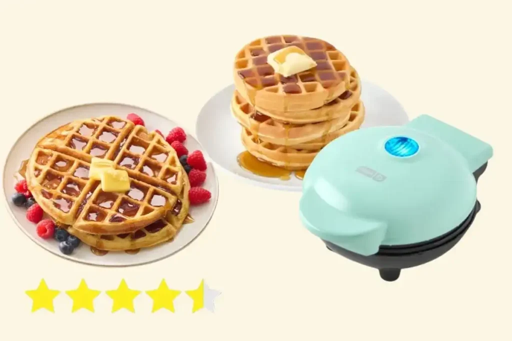 DASH Mini Waffle Maker cooking a golden waffle on a kitchen counter with fresh berries on the side