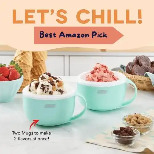 Compact DASH My Mug Ice Cream Maker with freshly made vanilla ice cream in a ceramic mug on a kitchen counter
