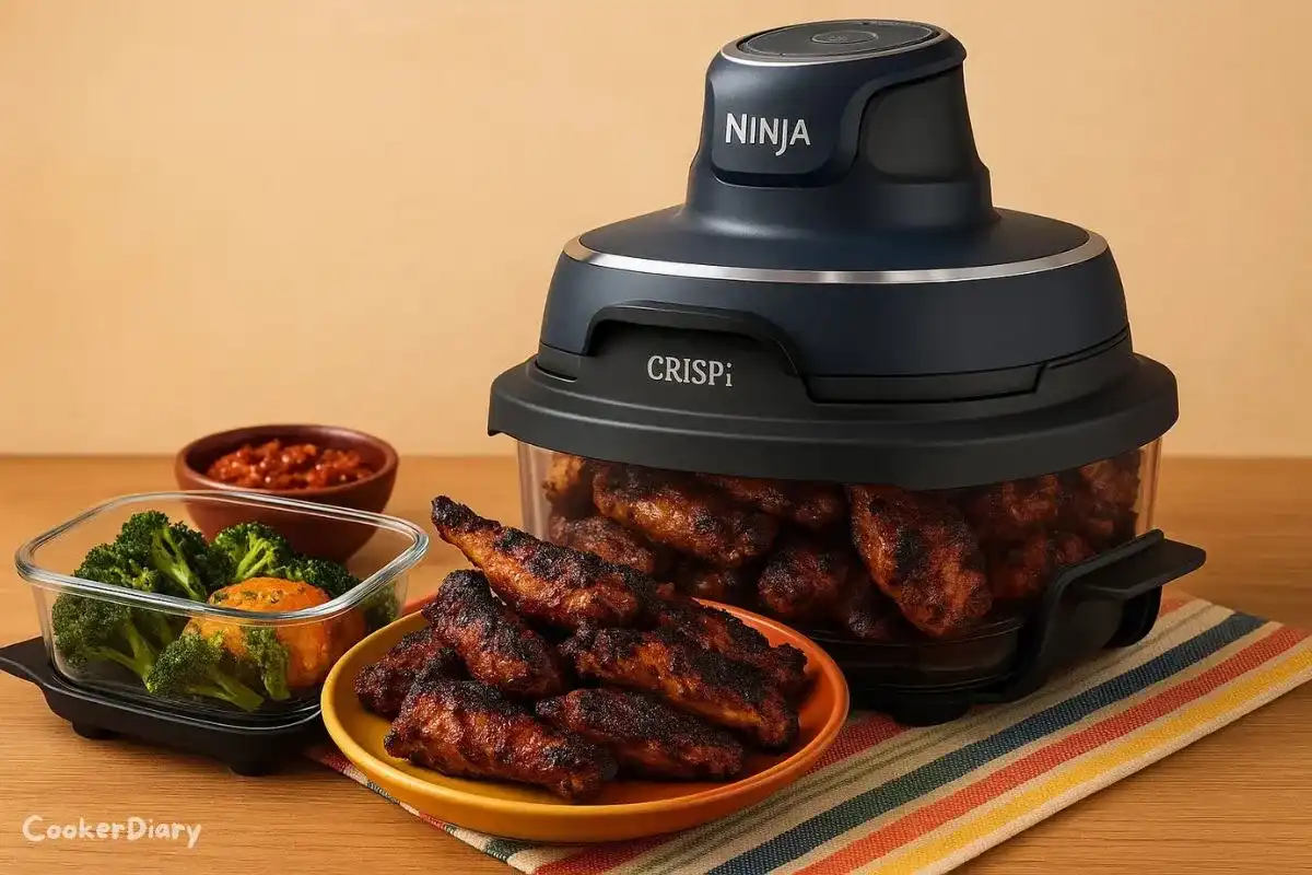 Crispy golden air-fried chicken served on a plate alongside fresh vegetables, with an air fryer visible in the background