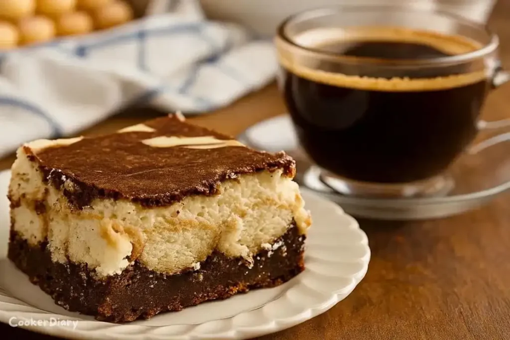 Tiramisu brownies dusted with cocoa powder served alongside a steaming cup of coffee