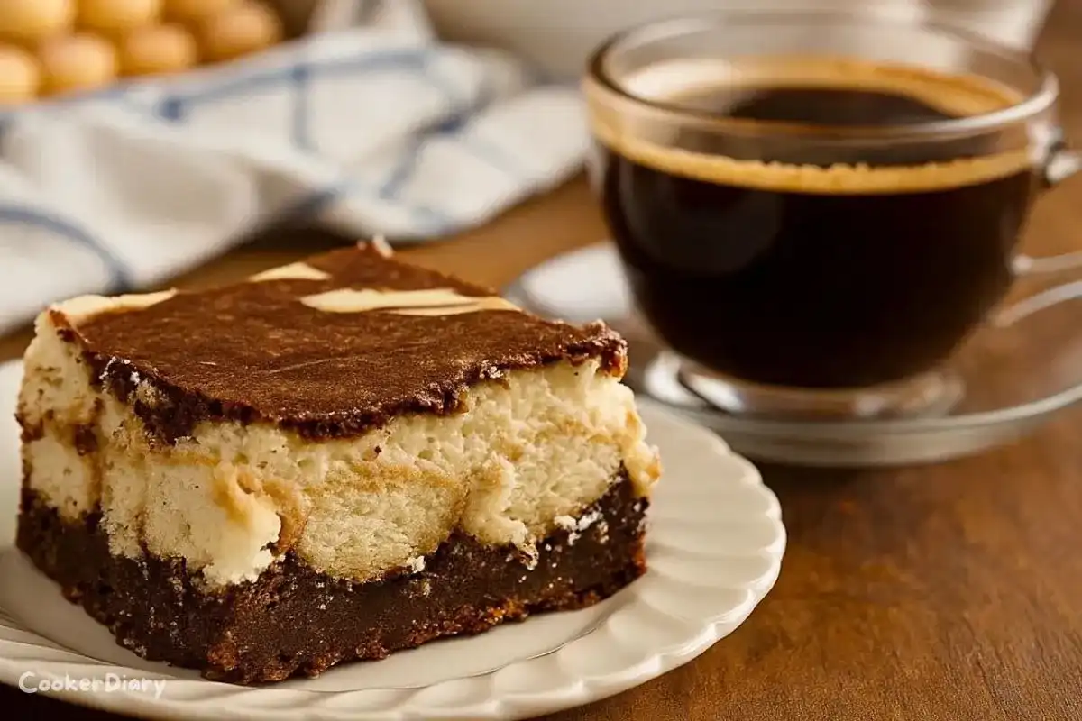 Tiramisu brownies dusted with cocoa powder served alongside a steaming cup of coffee