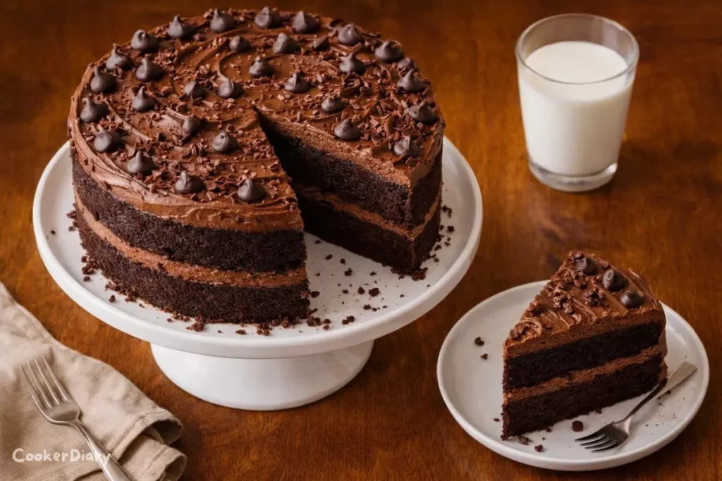 Top-down view of double chocolate cake with buttercream frosting and chocolate chips.