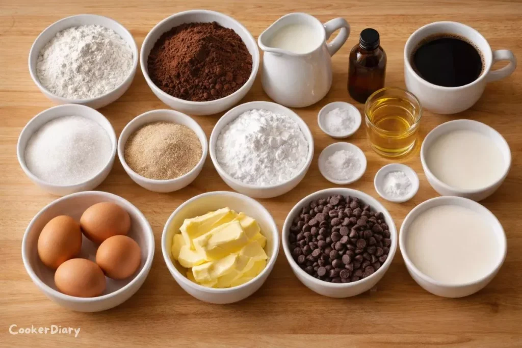 Flat-lay of chocolate cake baking ingredients on wooden counter.