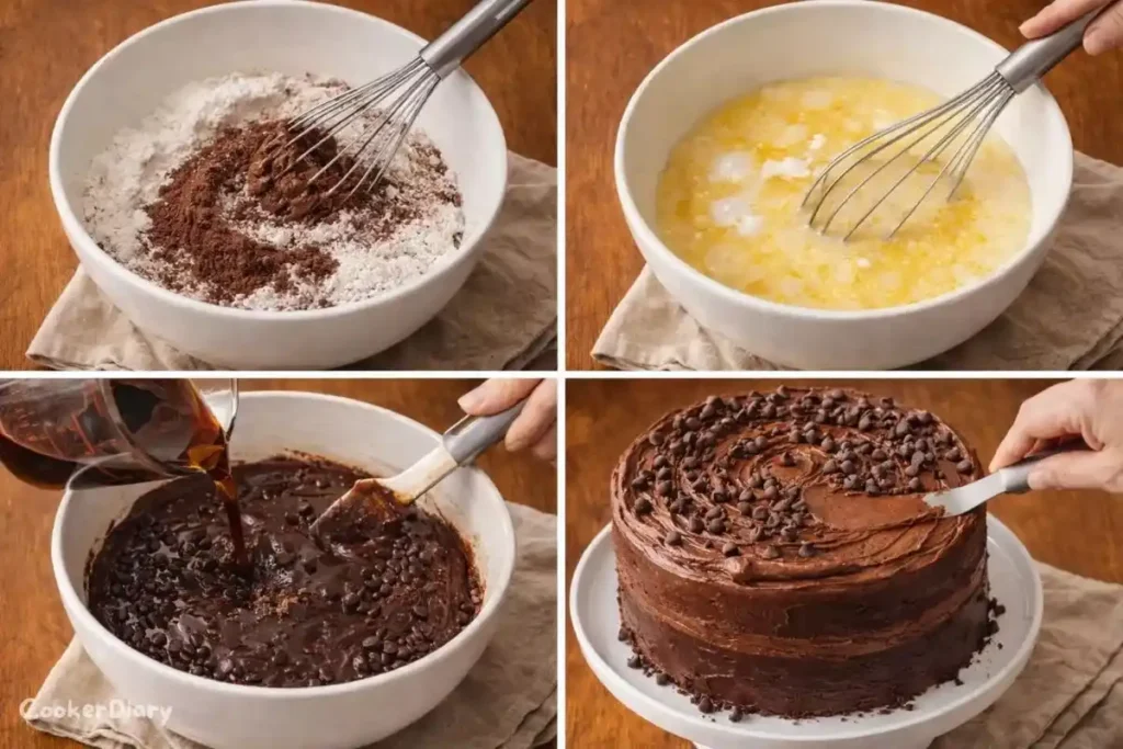 Step-by-step composite showing how to make the cake.