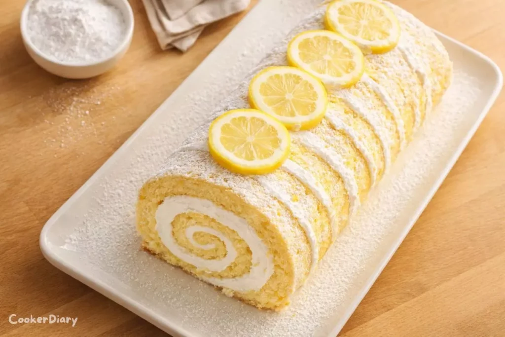 Top-down lemon roll cake dusted with powdered sugar showing creamy spiral filling.