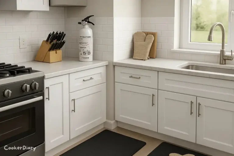 Assorted kitchen safety tools including cut-resistant gloves, fire extinguisher, silicone oven mitts, and splatter guard on a kitchen counter
