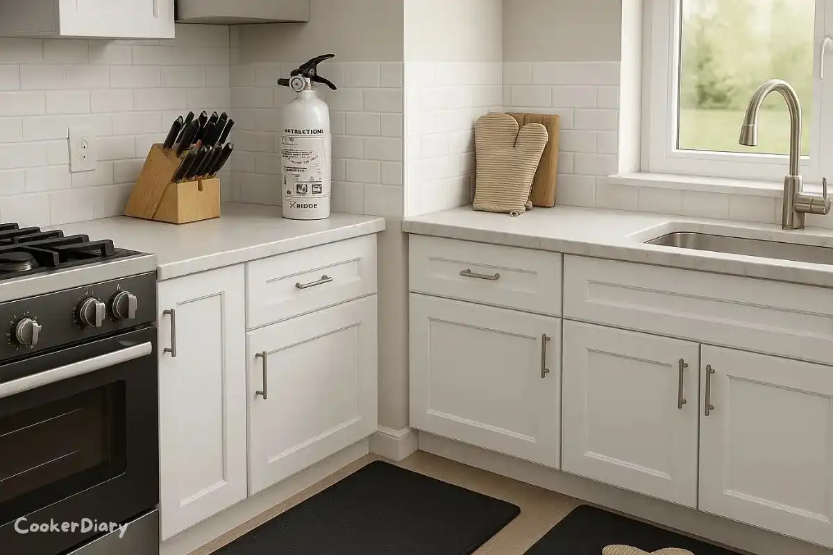 Assorted kitchen safety tools including cut-resistant gloves, fire extinguisher, silicone oven mitts, and splatter guard on a kitchen counter