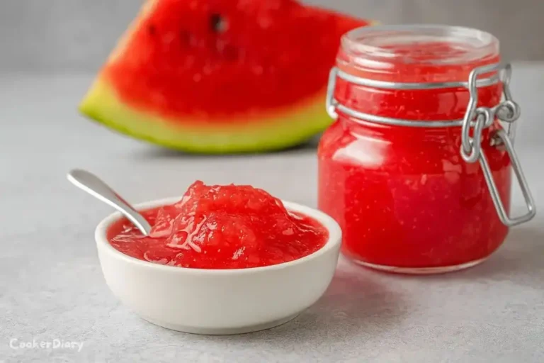 Watermelon jam served on a dish with a spoonful of jam and a jar of watermelon jam beside it