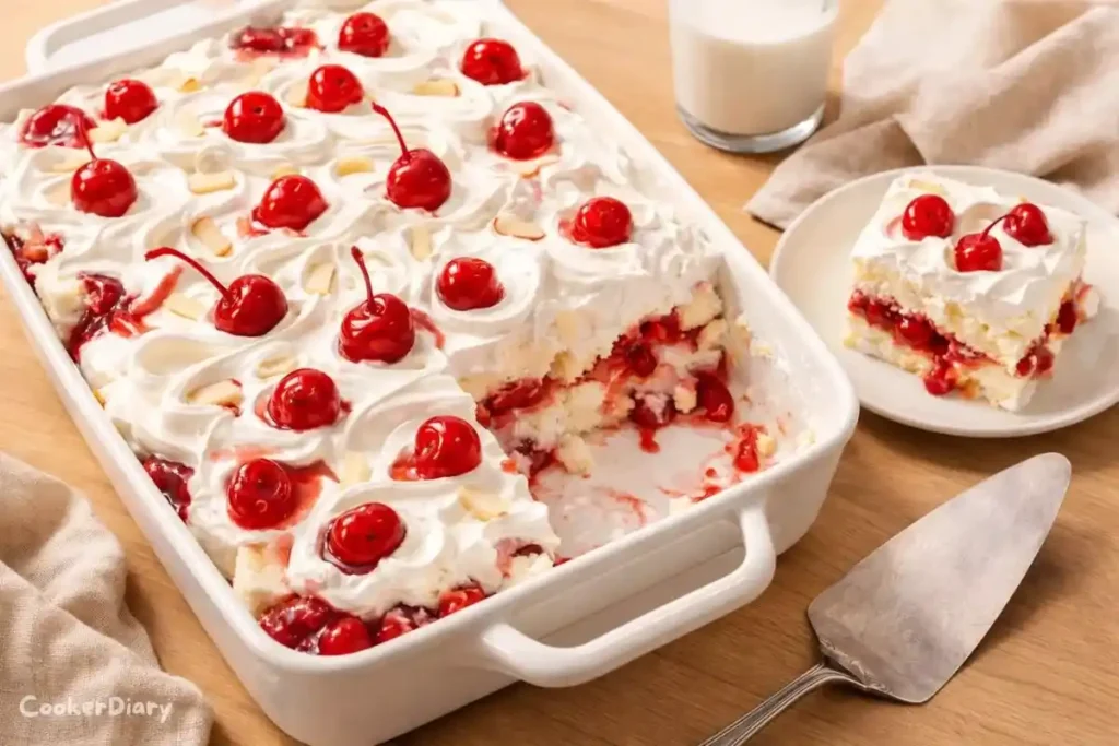 Top-down view of Heaven on Earth cake with cherry layers and whipped cream topping.