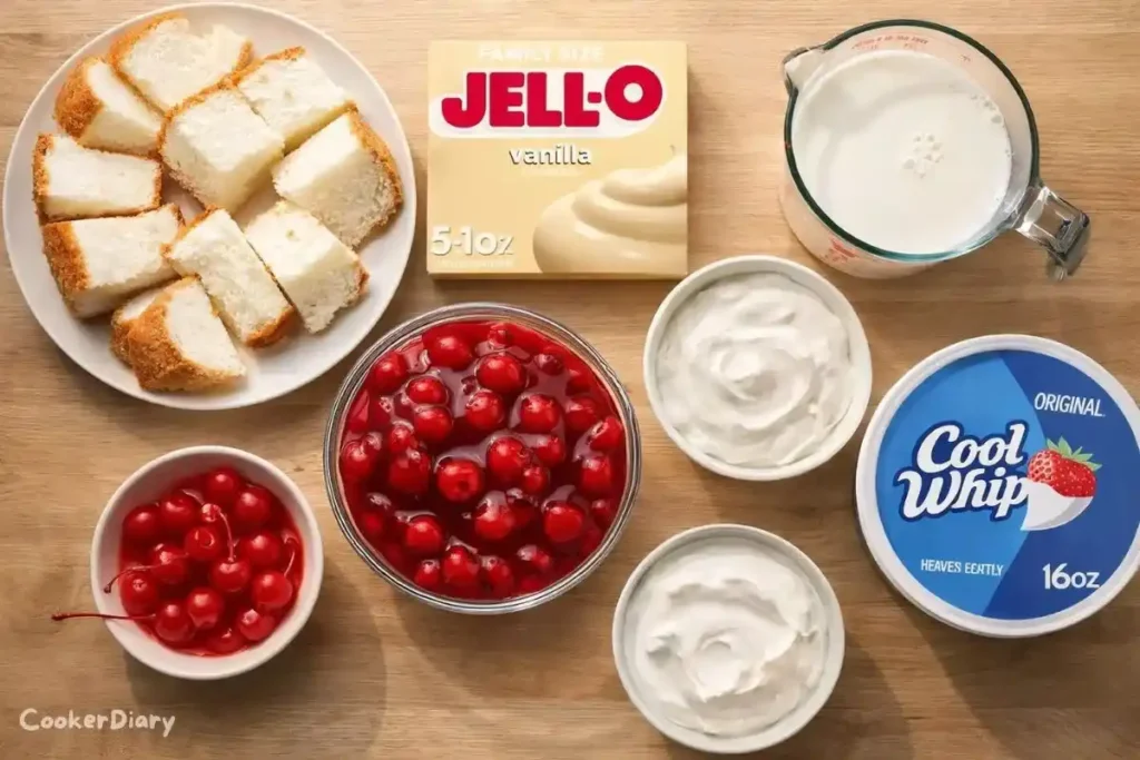 Flat-lay of Heaven on Earth cake ingredients on wooden countertop.