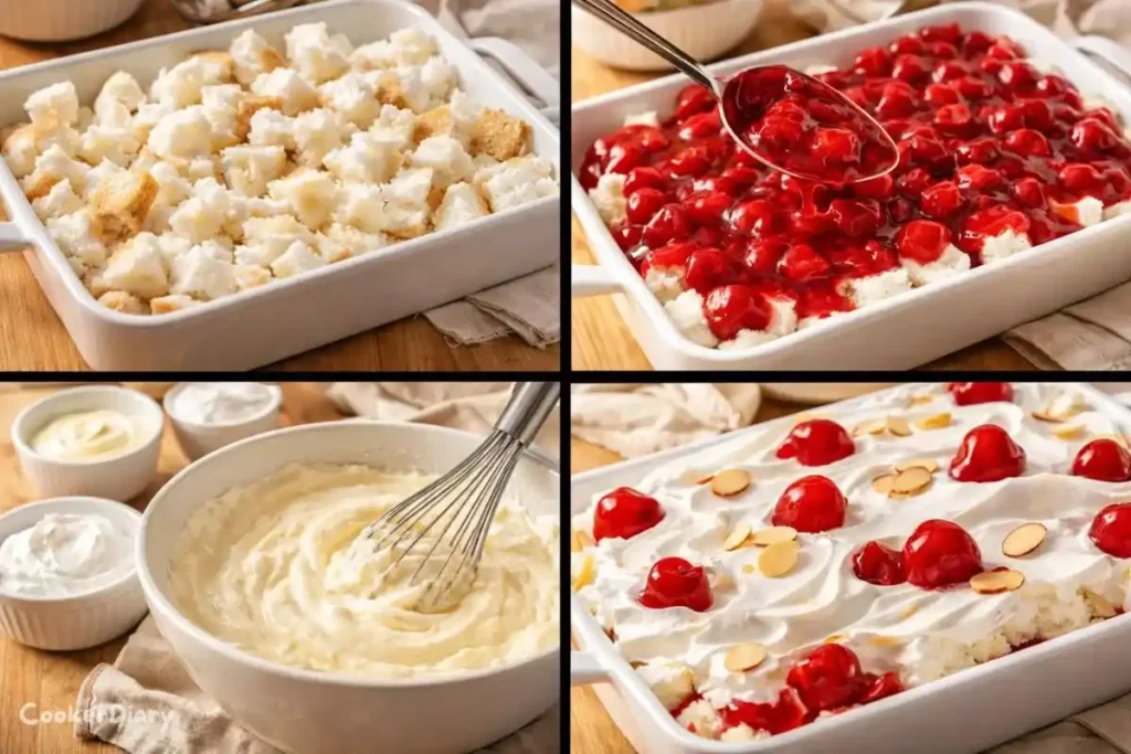 Four-step composite showing how to make the cake.