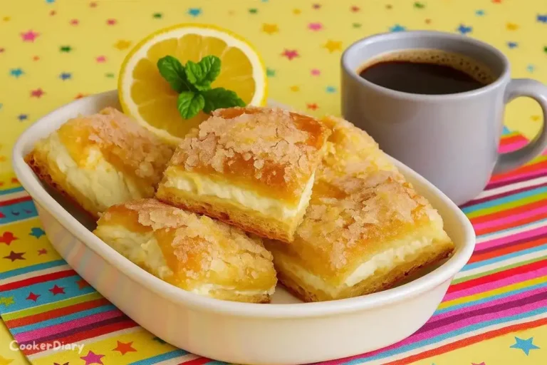 Lemon cream cheese bars on a plate served with a steaming cup of coffee
